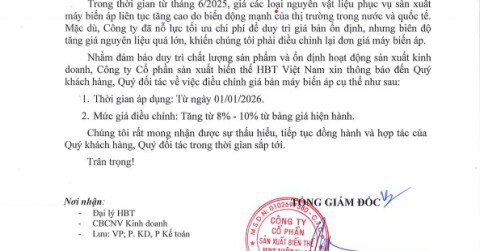 THÔNG BÁO ĐIỀU CHỈNH GIÁ BÁN MÁY BIẾN ÁP