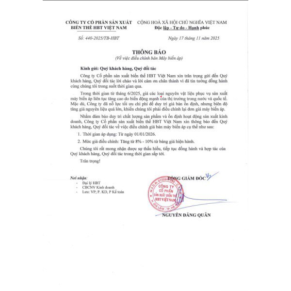 THÔNG BÁO ĐIỀU CHỈNH GIÁ BÁN MÁY BIẾN ÁP