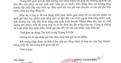 Cập nhật biểu giá mới sản phẩm máy biến áp HBT Việt Nam