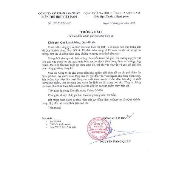 Cập nhật biểu giá mới sản phẩm máy biến áp HBT Việt Nam